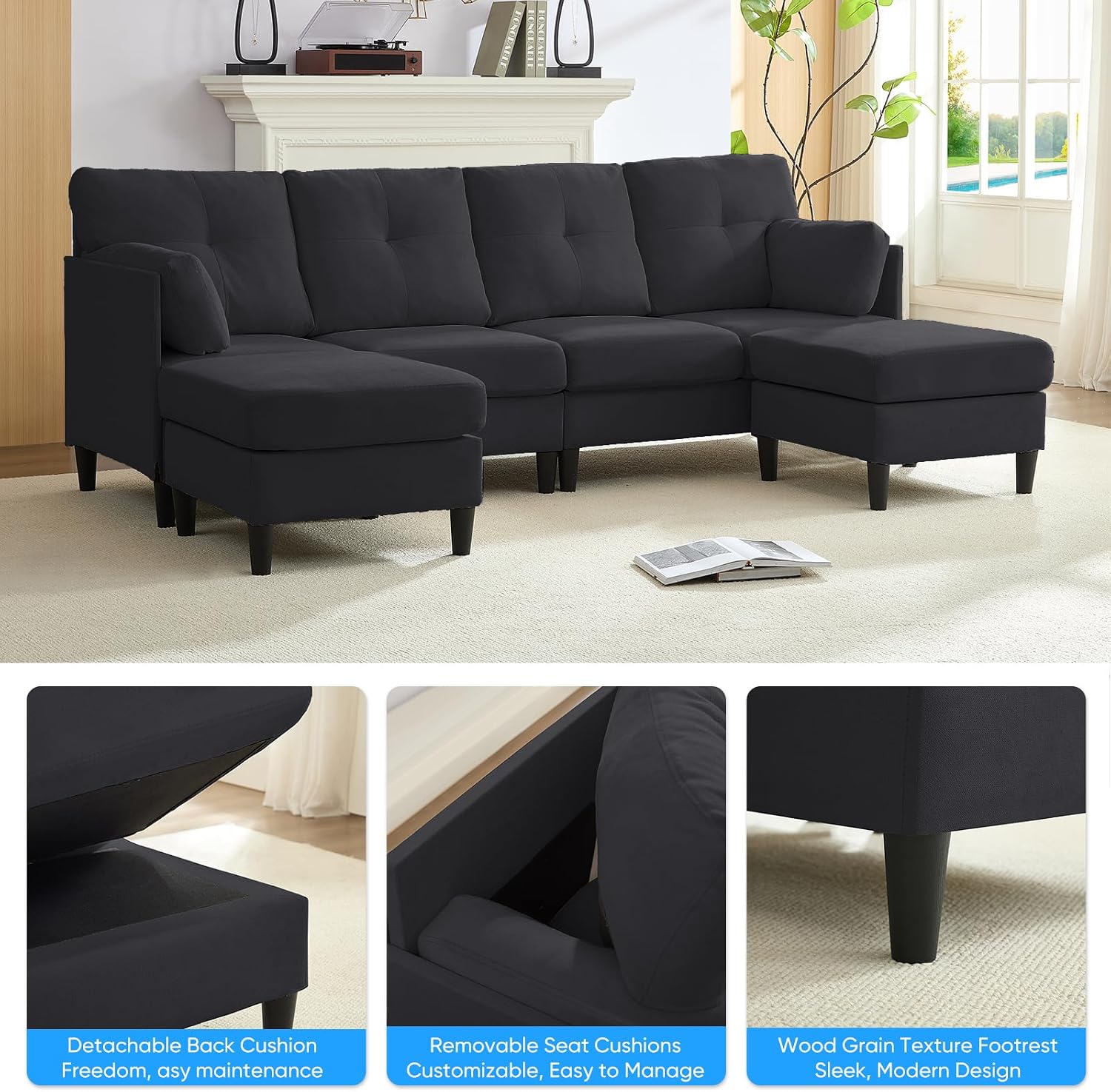 PUREMIND Sectional Couches for Living Room, Modern Snow Velvet U-Shaped Sofa Couch with Double Chaise, Upholstered 4 Seater Sofa with Double Chaise for Living Room, Apartment, Office, Dark Grey