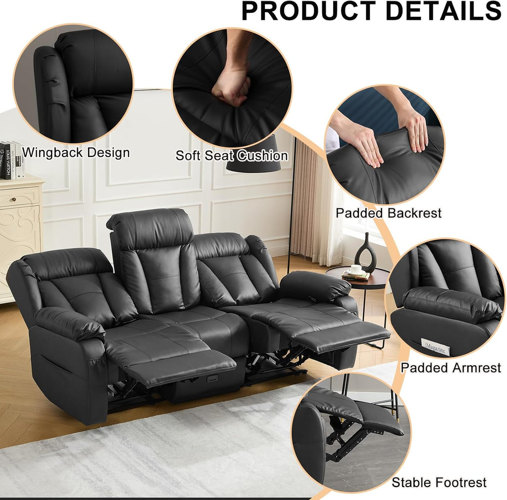 Loveseat Recliner Sofa,3 Seater RV Recliner Couch, Manual Reclining Loveseat with Console for Living Room, Home Theater Seating with AC/USB C/USB and Drawer (Black, 3 Seater)