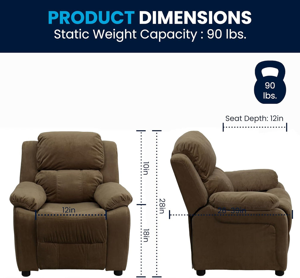 Flash Furniture Charlie Microfiber Kids Recliner with Flip-Up Storage Arms and Safety Recline, Contemporary Reclining Chair for Kids, Supports up to 90 lbs., Brown