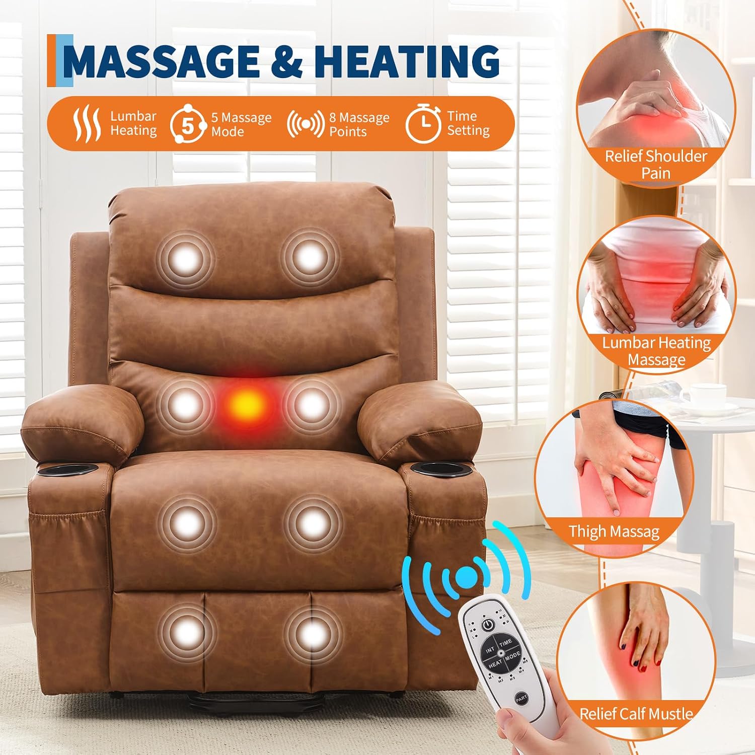 GarveeHome Power Lift Recliner Chair for Elderly, Oversized Electric Lift Chair with Heat and Massage, PU Leather Adjustable Recliner with Cup Holders & Side Pocket for Living Room, Brown