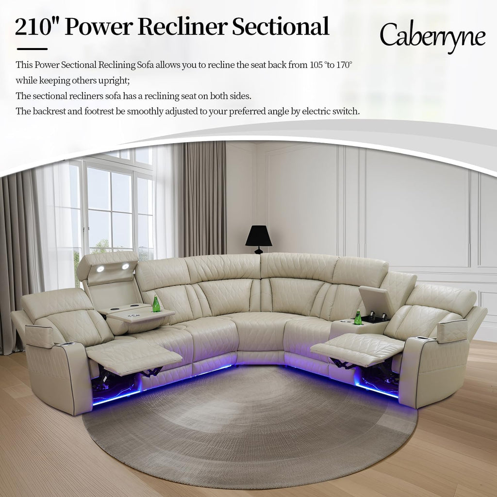 Power Recliner Sofa Sectional Couch with LED Light for Living Room,Leather Reclining Corner Sectional Sofa with 2 Recliner Seats,Cup Holder,Storage Console for House/Home Theater, Paddy