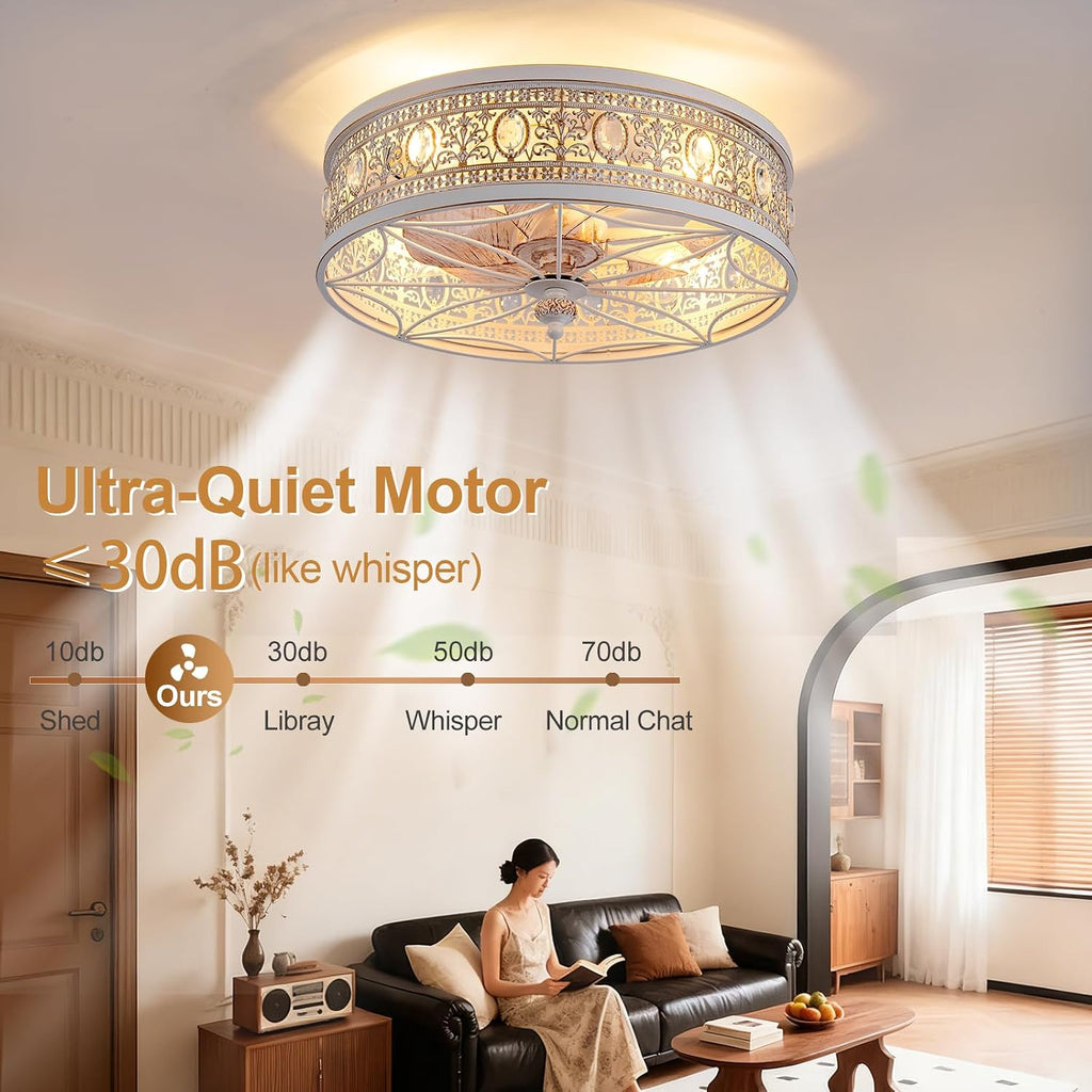 French Country Shabby Chic Crystal Fandelier, Cottage Flush Mount Ceiling Fan with Lights and Remote, Decorative Enclosed Fan for Girls Room, Nursery, Small Bedrooms