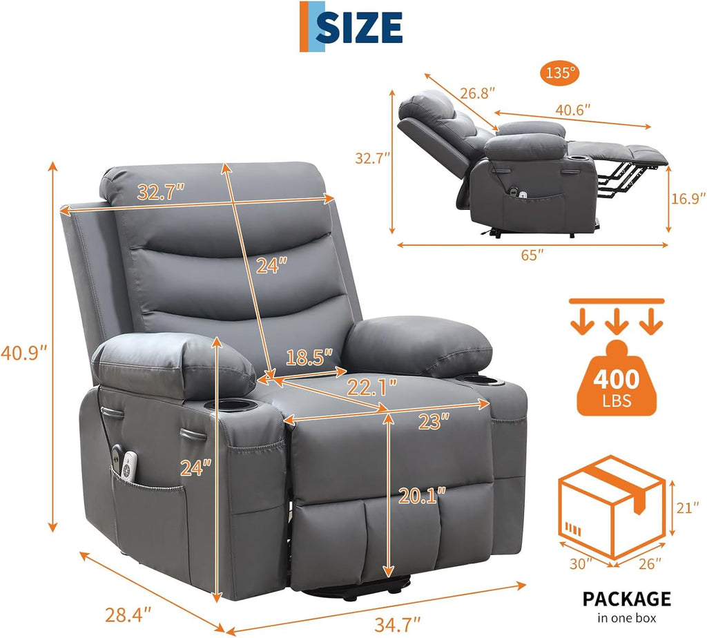 GarveeHome Power Lift Recliner Chair for Elderly, Oversized Electric Lift Chair with Heat and Massage, PU Leather Adjustable Recliner with Cup Holders & Side Pocket for Living Room, Gray