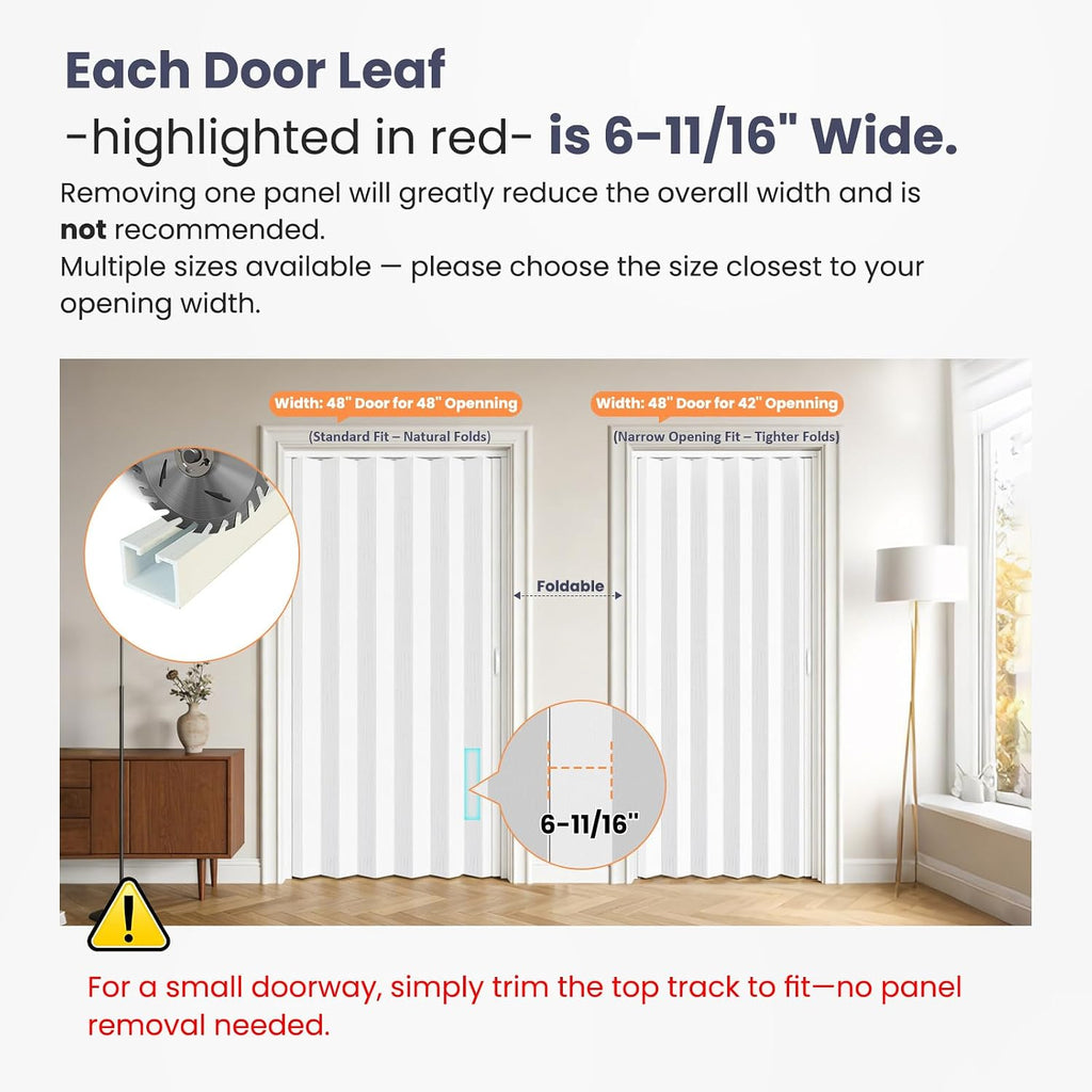 DIYHD 48X80in Accordion Door, White Double Layer PVC Folding Interior Door with Sliding Track Kit, Space-Saving Closet Door, No Floor Track, Dual-Sided Handle & Latch, Easy Install