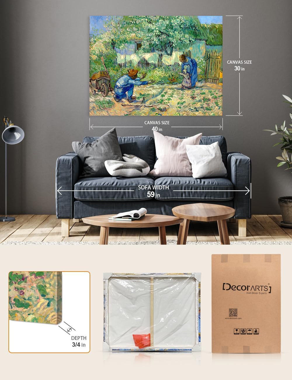 DECORARTS - Vincent Van Gogh First Steps (After Millet) Wall Art, Large Giclee Canvas Print Gallery Wrapped Van Gogh Art 40x30, Made in USA