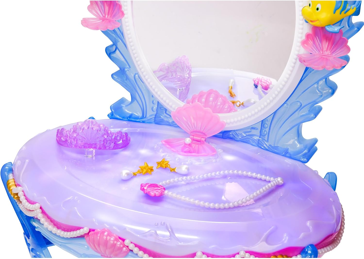 Disney Princess Ariel Vanity for Girls with Lights & Sounds, Plays 'Under The Sea' - Magical Light Up Effect Looks Just Like Water! Pretend Play Girls Vanity Set with Mirror and Stool