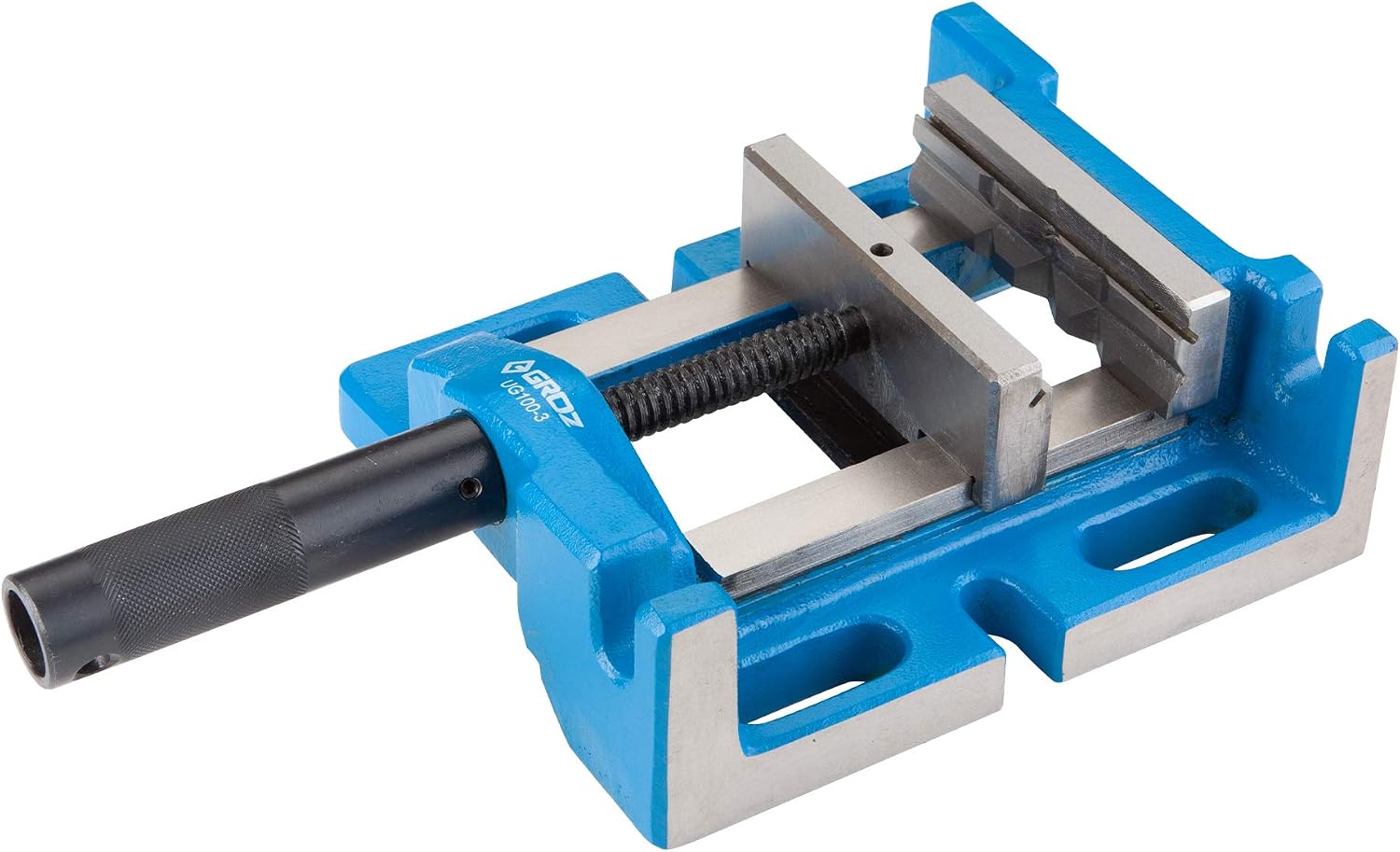 Groz Unigrip 4' 3-Way Drill Press Vise, 100mm Jaw, 3-1/2' Opening, Cast Iron with Precision-Ground Base, Side and End Faces, 4-Prism Fixed Jaw for Round Stock (35125)