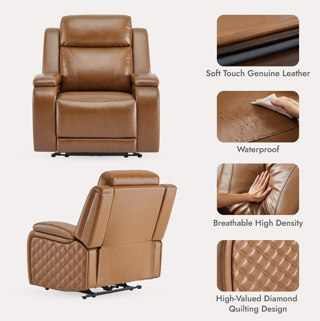 Watson & Whitely Genuine Leather Power Recliner Chairs for Adults, Zero Gravity Recliner with Power Headrest & Hidden Storage, Electric Reclining Sofa Chair for Living Room, Home Office, Saddle Brown