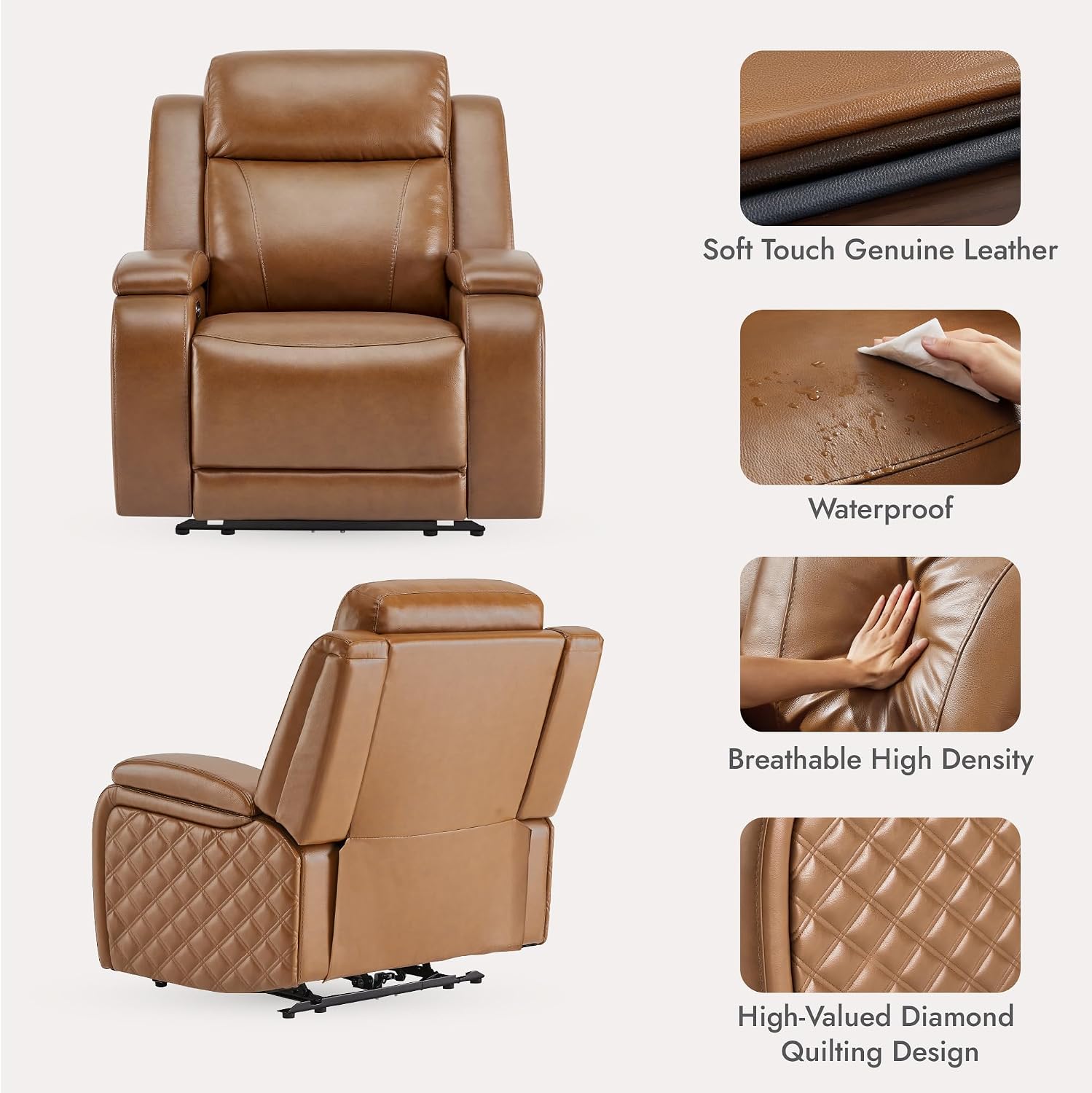 Watson & Whitely Genuine Leather Power Recliner Chairs for Adults, Zero Gravity Recliner with Power Headrest & Hidden Storage, Electric Reclining Sofa Chair for Living Room, Home Office, Saddle Brown
