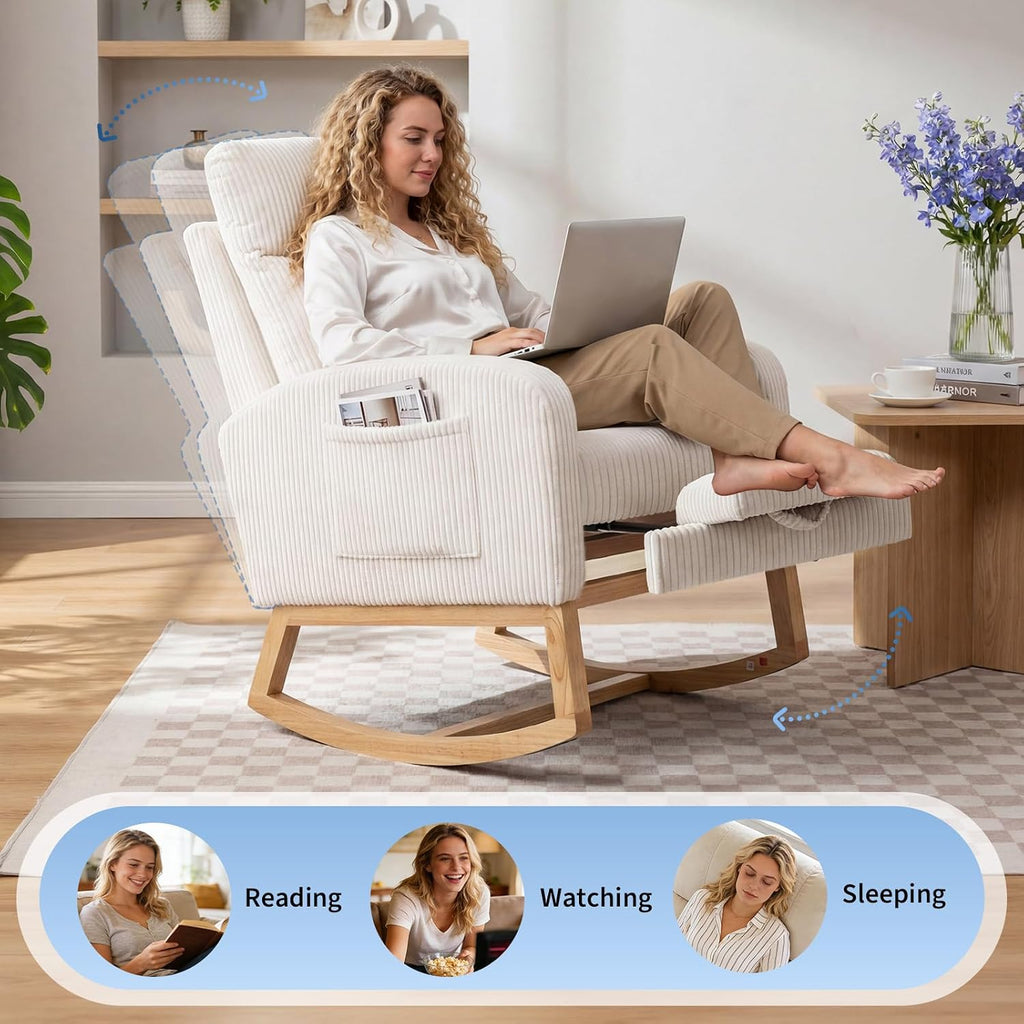 GarveeHome Corduroy Nursery Rocking Chair with Foot Rest,Upholstered Glider with 26' High Backrest, Padded Seat,Modern 300 Lbs Weight Capacity Accent Recliner for Living Room, Bedroom, Reading