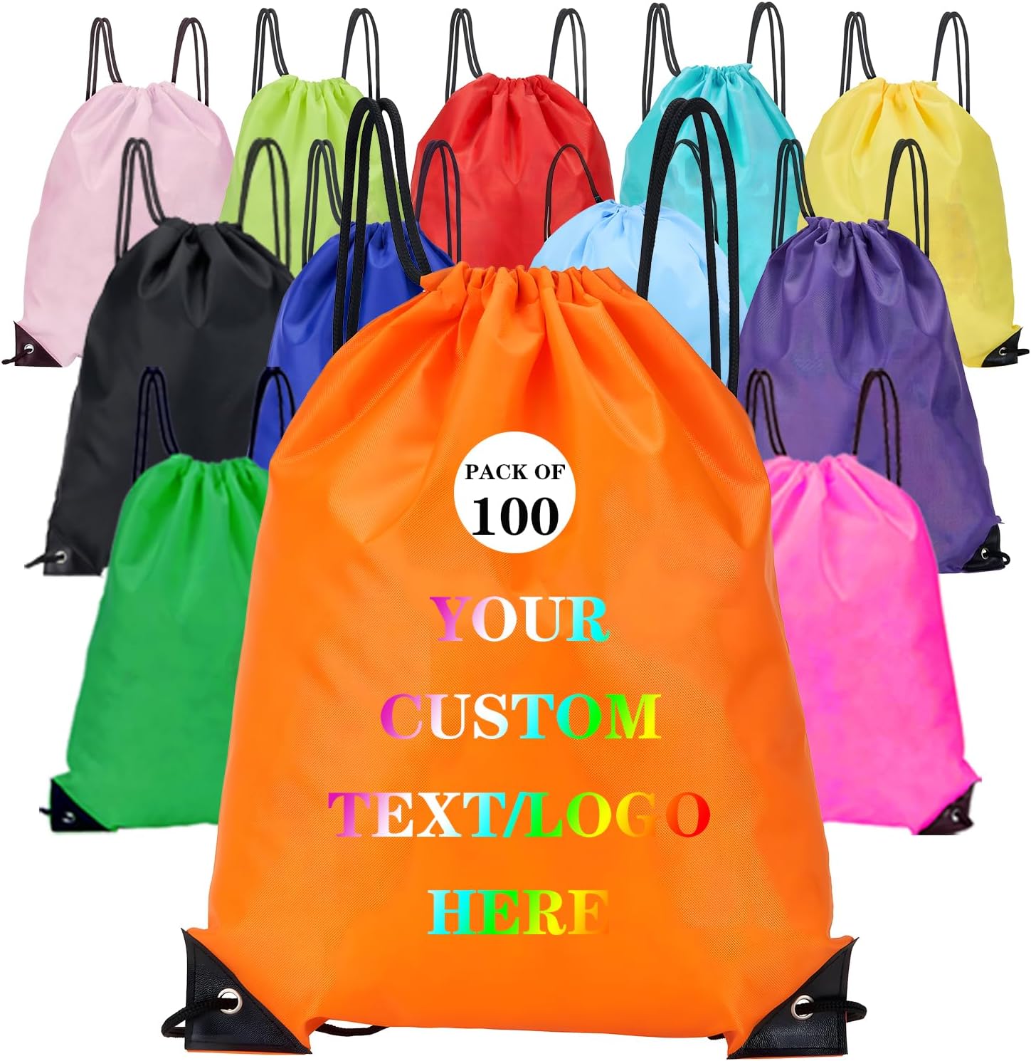 Custom Bags With Your Logo Set of 100 Custom Backpack Draw String Bags Pack Bulk for Travelling Swimming Gym Everyday Use (Orange)