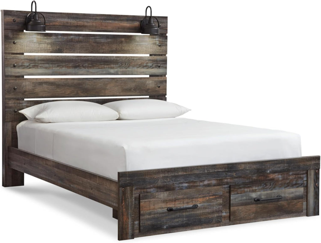 Signature Design by Ashley Drystan Queen Panel Bed with Storage Drawers, Built-in USB & LED Sconce Lights, Engineered Wood, for Master Bedroom Suites, Rustic Brown, Queen
