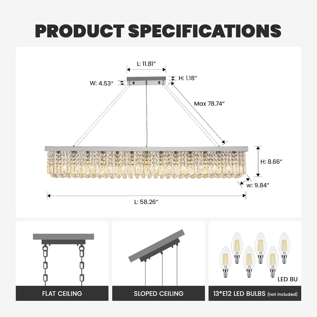 7PM Rectangle K9 Crystal Chandelier Modern Rectangular Pendant Light Fixture for Dining Room Kitchen Island Chrome L59'' x W10'' x H9''
