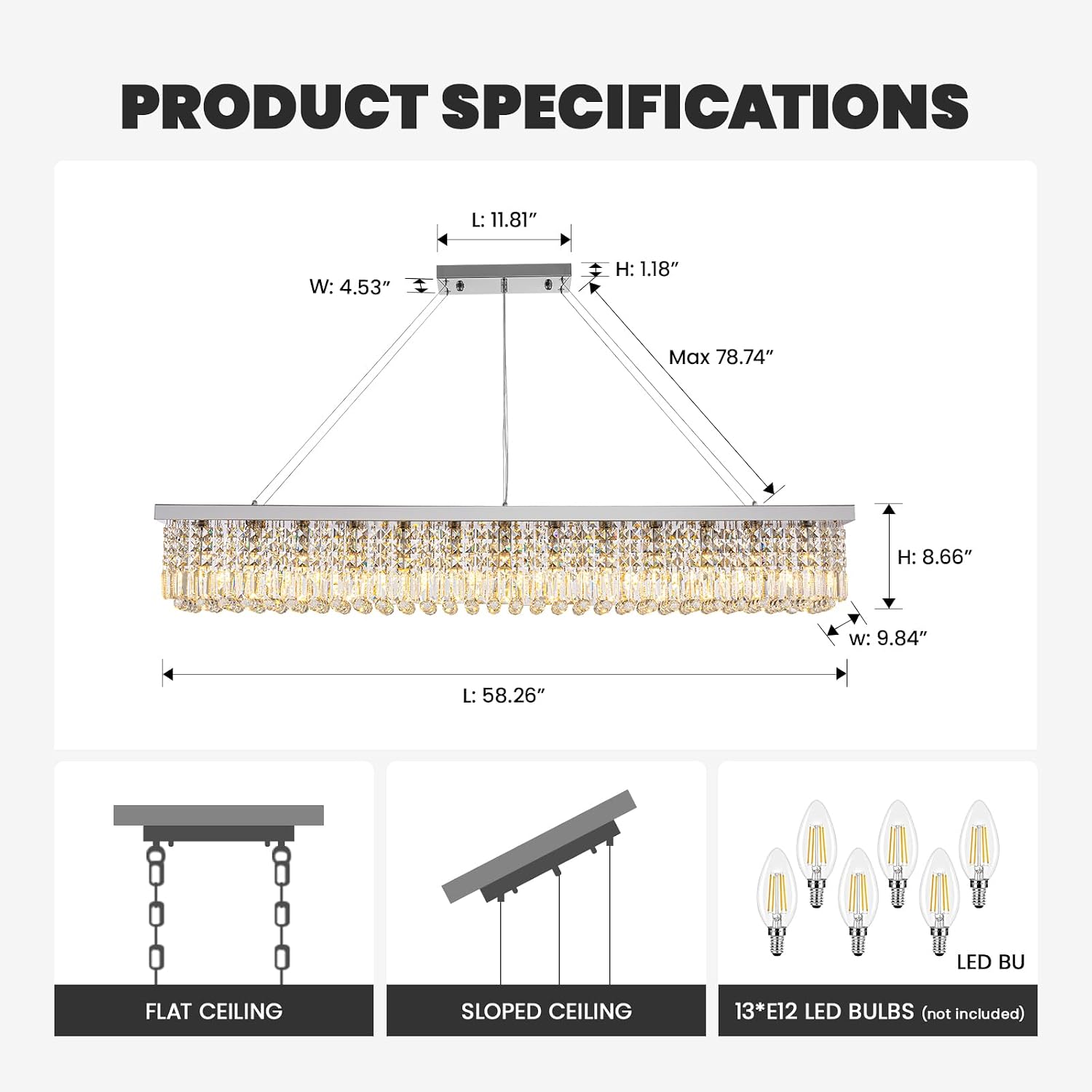7PM Rectangle K9 Crystal Chandelier Modern Rectangular Pendant Light Fixture for Dining Room Kitchen Island Chrome L59'' x W10'' x H9''