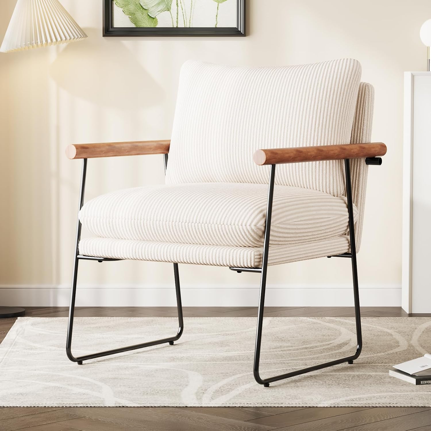 Furnilivng Large Sling Accent Chair, Comfortable Boucle Fabric Arm Chair, Upholstered Cozy Reading Chair for Living Room, Bedroom, Dressing Room, Home Office (Beige, Set of 2)