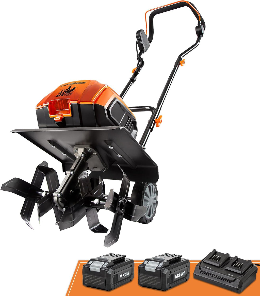 LawnMaster Brushless 48V MAX Cordless Tiller Cultivator with 2X MAX 24V 4.0ah Battery& 1x MX24V Dual Port Charger, 4X Blade, 14.5In Width & 9In Depth-CLTE4814