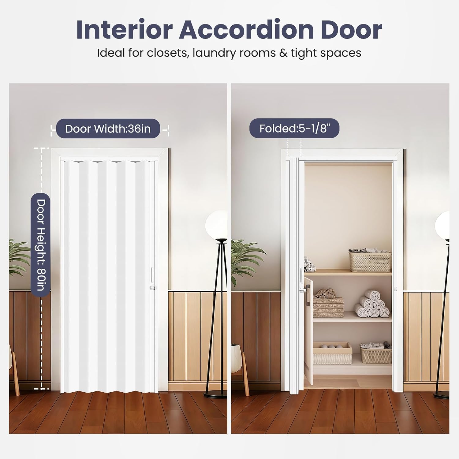 DIYHD 36X80in Accordion Door, White Double Layer PVC Folding Interior Door with Sliding Track Kit, Space-Saving Closet Door, No Floor Track, Dual-Sided Handle & Latch, Easy Install