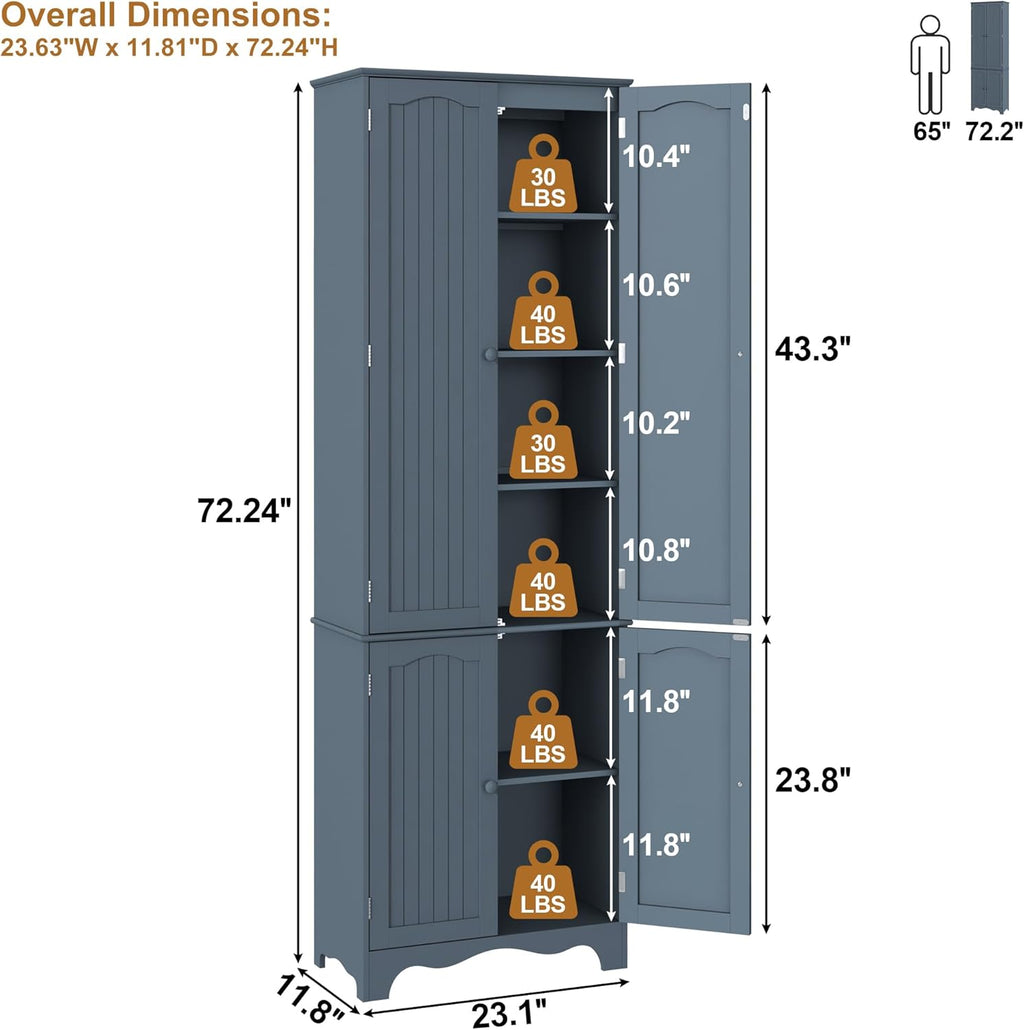 Function Home Tall Pantry Cabinet, Freestanding Storage Cabinet, Wooden Kitchen Pantry with 4 Doors and 5 Shelves, 72' Floor Cabinet Organizer for Kitchen Living Room Bathroom, Grey