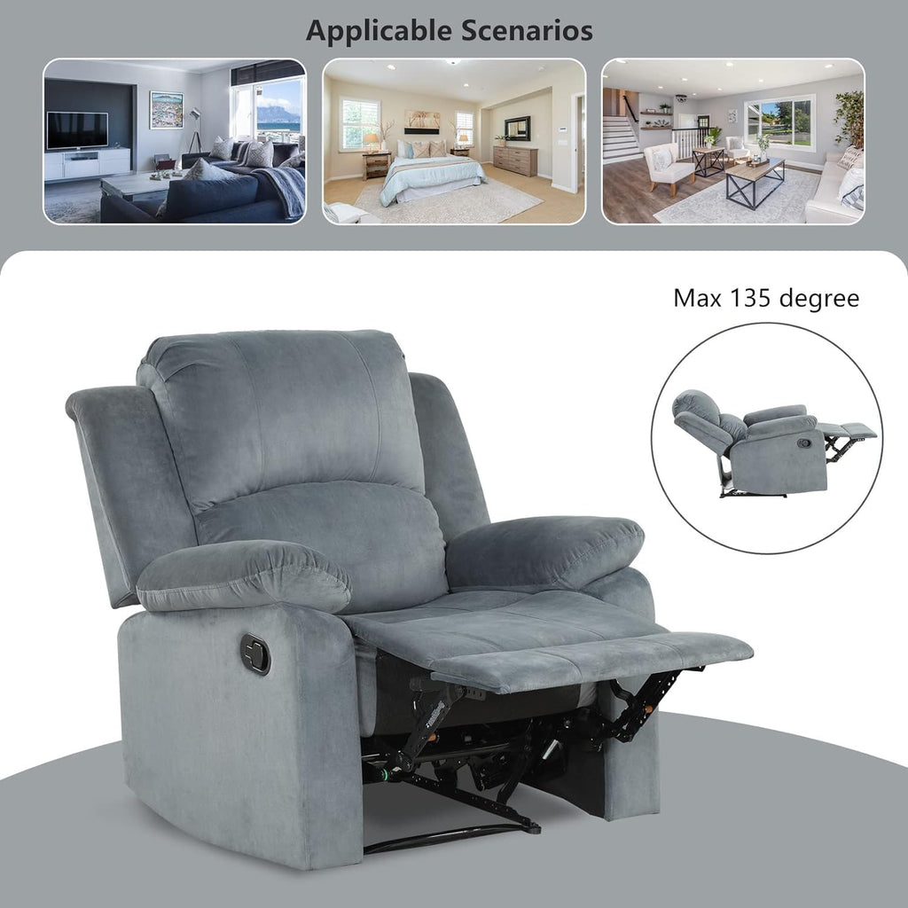 CANMOV Manual Recliner Chair Set of 2, Soft Fabric Overstuffed Recliner Single Sofa Chair for Living Room, Heavy Duty and Safety Reclining Mechanism (Grey)