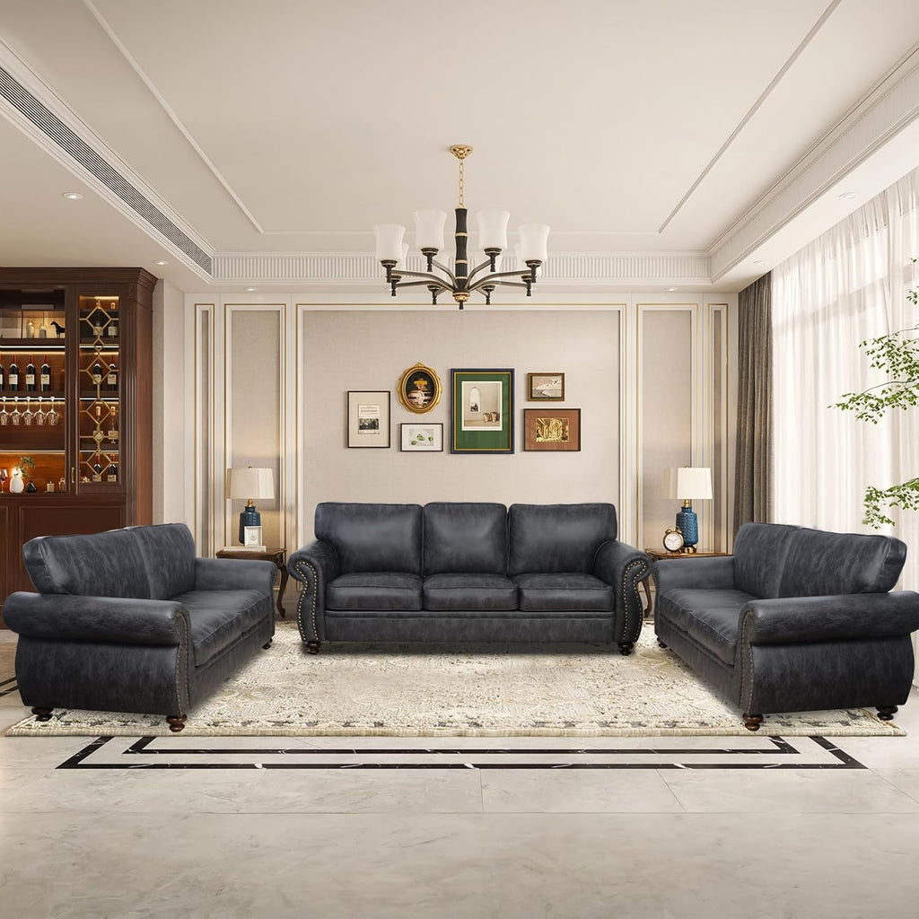 Couchus Living Room Furniture Sets,Sofa Sets and Couch Sets for Living Room,Mid-Century Vintage Sofa Couches with Rivet Design (Grey, 2 Loveseat+3 Seater)