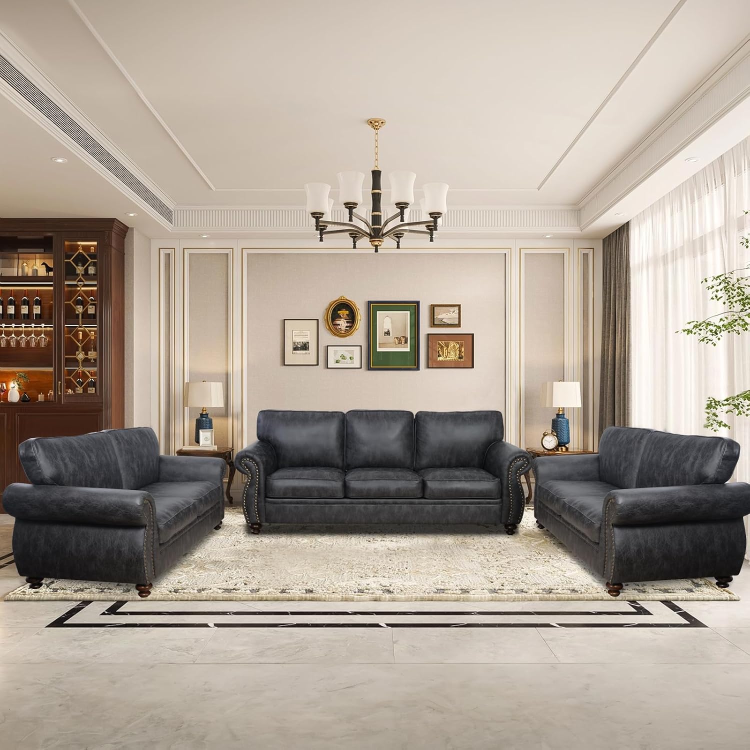 Couchus Living Room Furniture Sets,Sofa Sets and Couch Sets for Living Room,Mid-Century Vintage Sofa Couches with Rivet Design (Grey, 2 Loveseat+3 Seater)