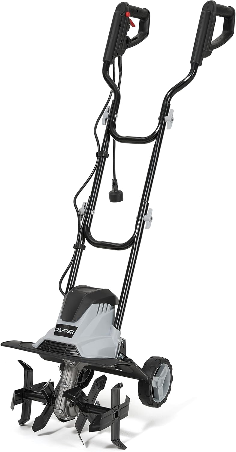 Dapper Supply 14 Electric Tiller Cultivator, 10Amp Corded Garden Rototiller with 4 Steel Tines, Adjustable Depth Wheels, Foldable Handle, Lightweight Portable Soil Cultivator for Gardening