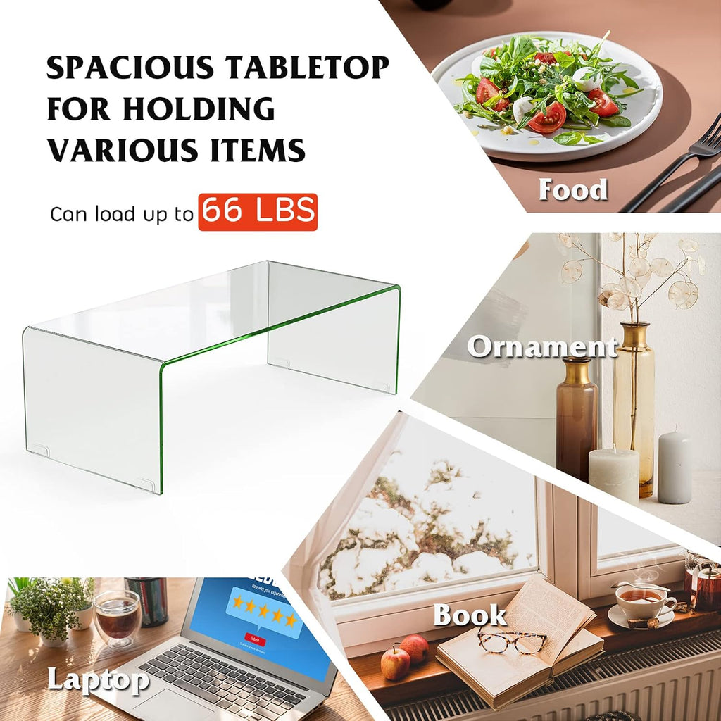 ReunionG Glass Coffee Table, Modern Clear Coffee Table with Rounded Edges, Transparent Tempered Glass Coffee Table, U-Shaped Side Table for Living Room Office, 42.5' x 20' x 14' (L x W x H)