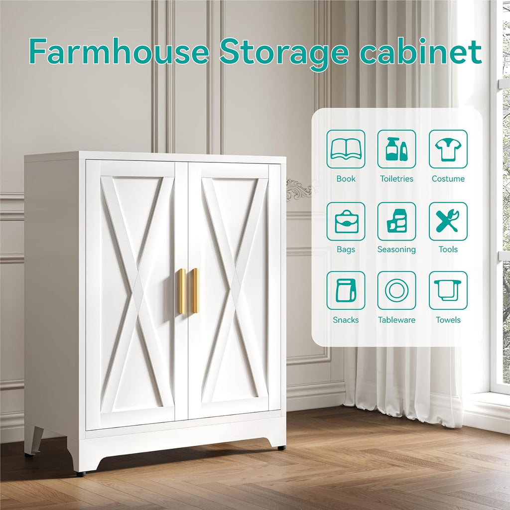 39.5'H Farmhouse Metal Floor Cabinet,31.5' Wide by 15.8' Deep Sideboard Storage with 2 Adjustable Shelves,Modern Cabinet for Bathroom Entryway Living Room Hallway Dining Room Kitchen,White