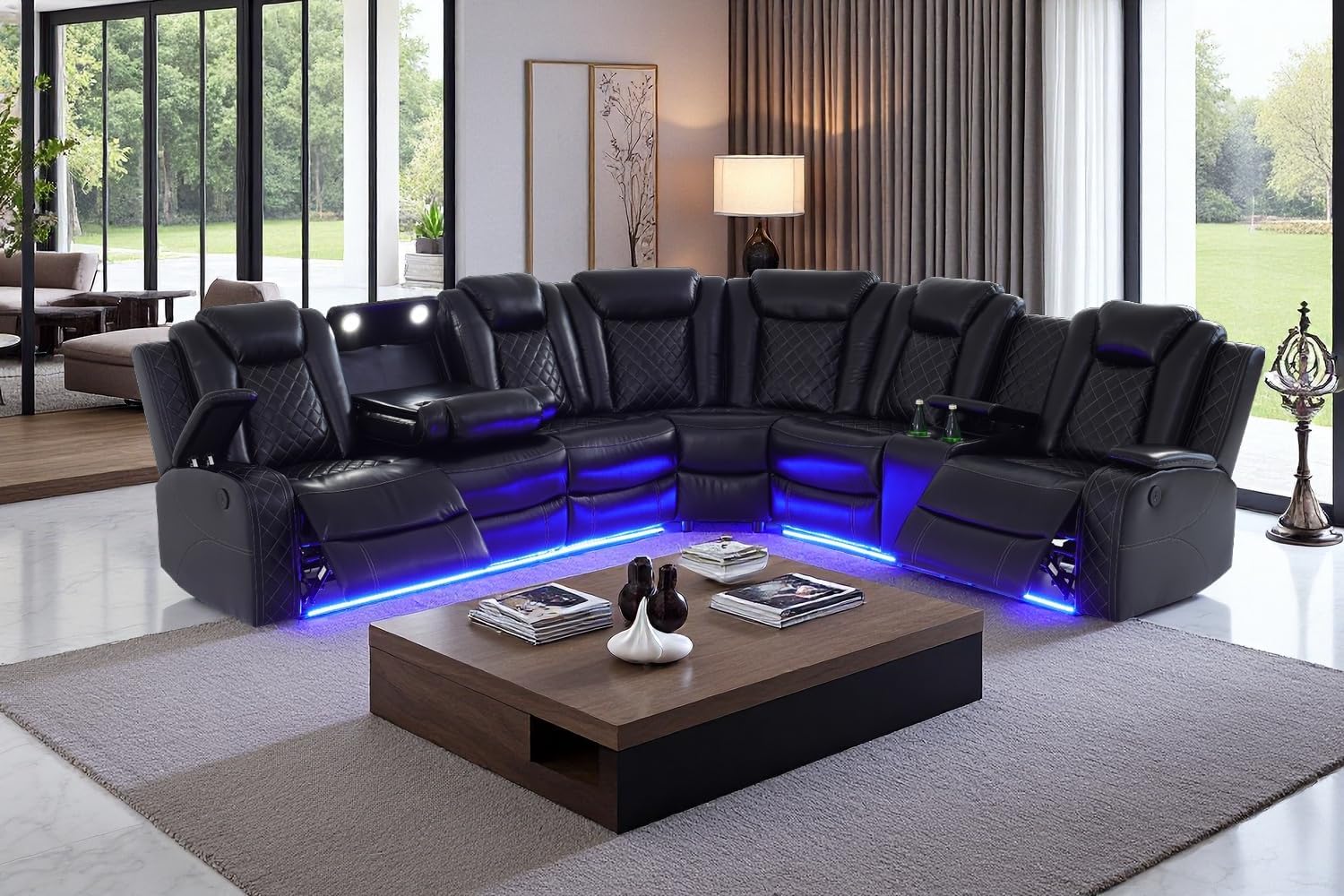 A Ainehome Power Furniture Reclining Sectional Sofa Set, Living Room Power Recliner Adjustable Sofa, Loveseat and Chair with USB Chargers/Storage Console for Living Room/Office(A-Black)