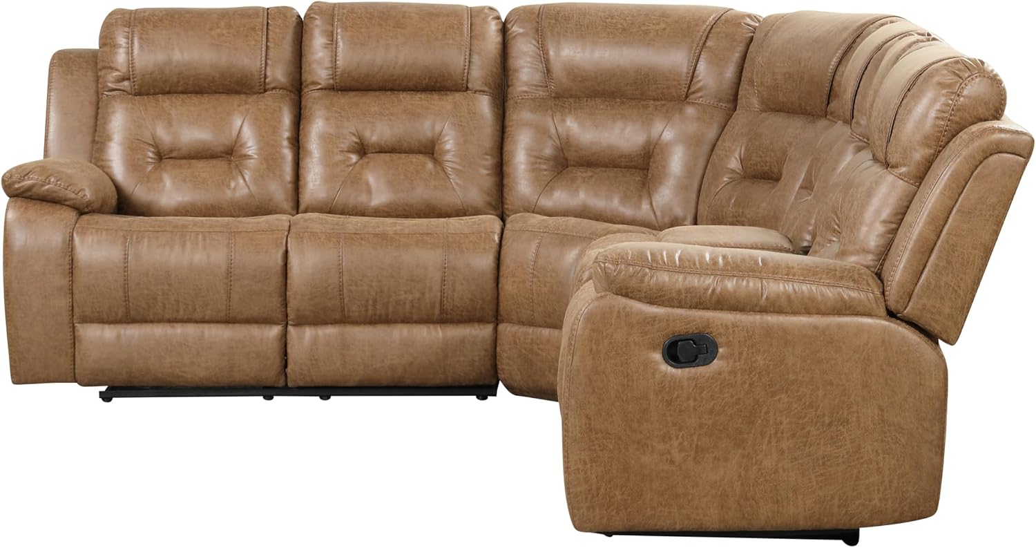 Furniture of America Undering Modern Faux Leather 2-Piece Sectional and Recliner Set with Storage Console, Stainless Steel Cup Holders, Pillow Top Arms for Living Room, Home Theatre, Brown