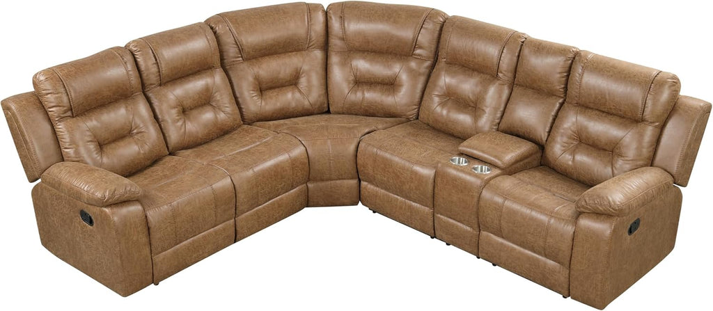 Furniture of America Undering Modern Faux Leather 2-Piece Sectional and Recliner Set with Storage Console, Stainless Steel Cup Holders, Pillow Top Arms for Living Room, Home Theatre, Brown