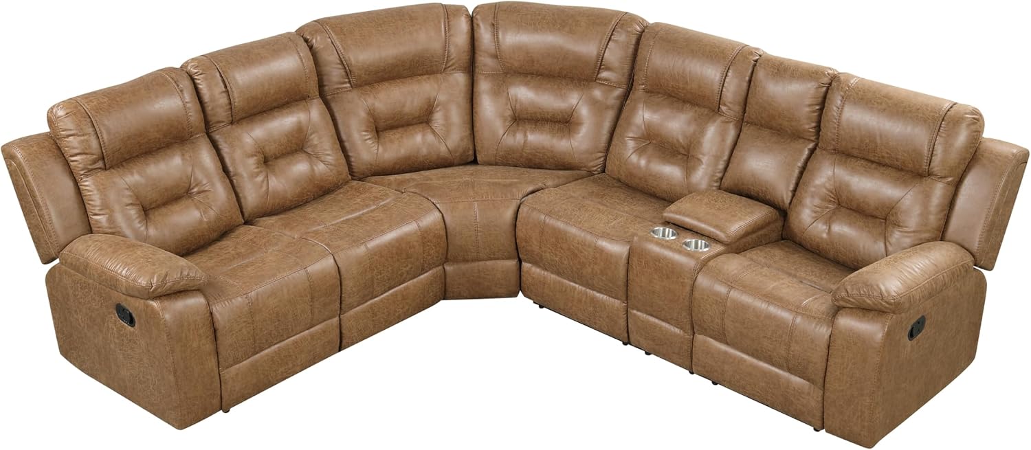 Furniture of America Undering Modern Faux Leather 2-Piece Sectional and Recliner Set with Storage Console, Stainless Steel Cup Holders, Pillow Top Arms for Living Room, Home Theatre, Brown
