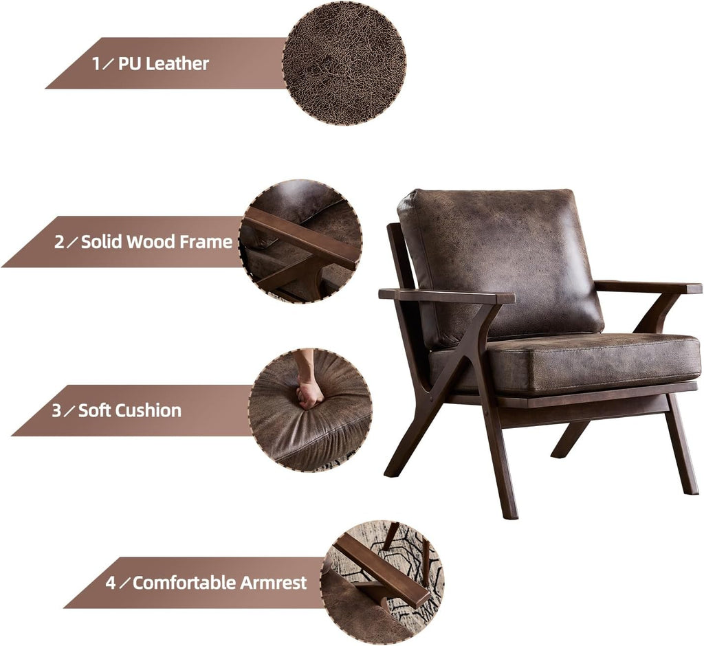 INZOY Mid-Century Modern Accent Chair Set of 2, Breathable PU Leather Living Room Chair and Soft Thick Padded Armchair for Living Room Bedroom Reception with Removable Upholstered Cushions, Dark Grey