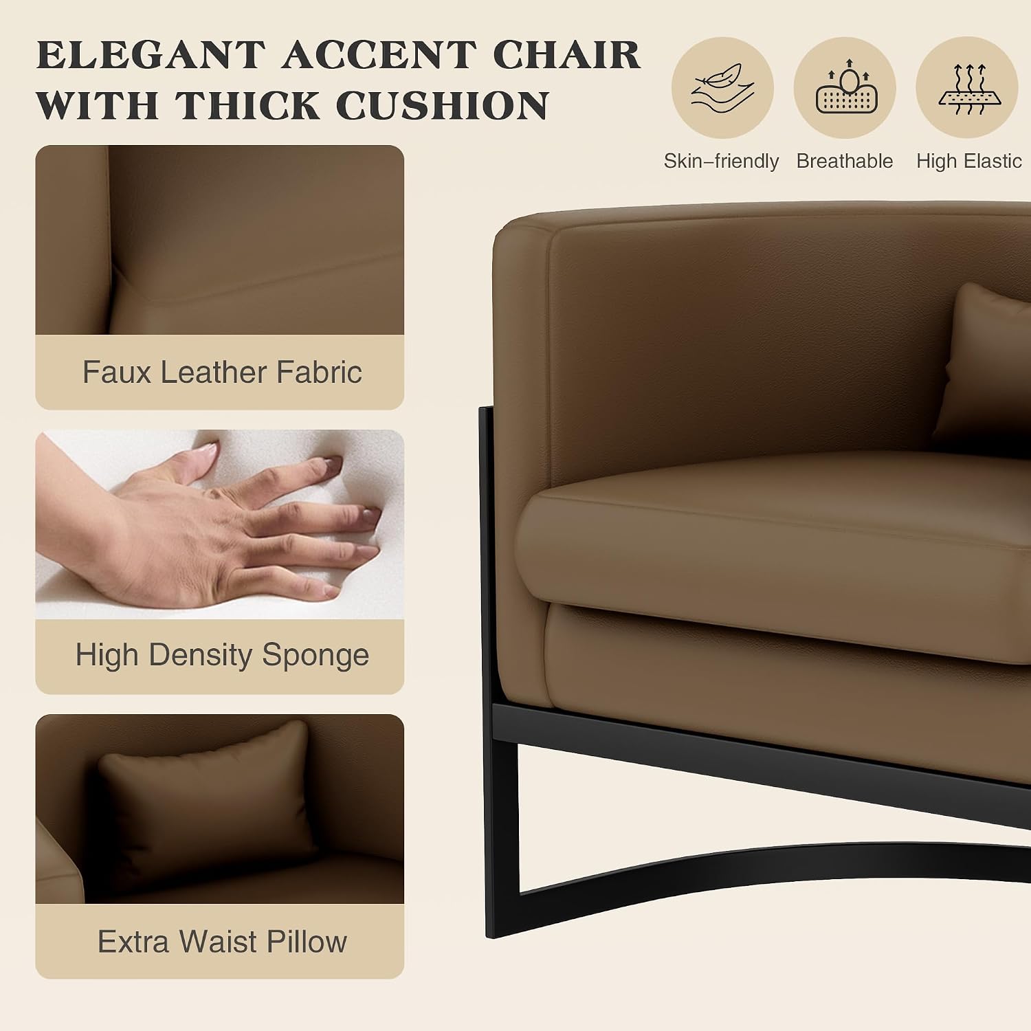 Faux Leather Accent Chair Modern Barrel Chair with Sturdy Metal Legs Upholstered Armchair for Bedroom Living Room Sofa Chair Club Side Chairs Brown