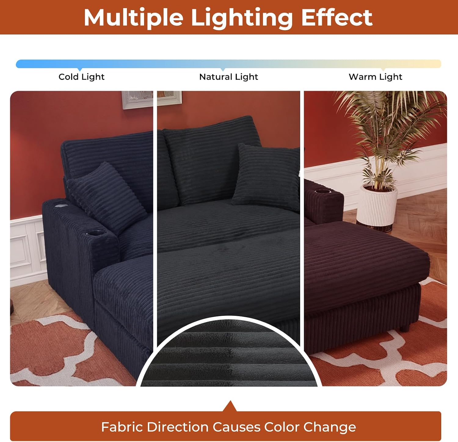 60' Oversized Chaise Lounge Chair Indoor, Upholstered Sofa Bed with Pillows & 2 Cup Holders, Sleeper Couch Comfy Corduroy Recliner Chair for Living Room, Movie Room, Bedroom, Black