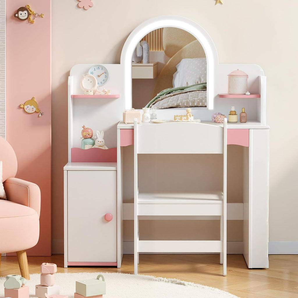 Kids Vanity with LED Mirror and Chair, Girls Vanity Set with Storage Cabinet and Shelves, Toddler Vanity Table and Chair Set for Bedroom Playroom, Pink and White Girl Vanity for Ages 3-8