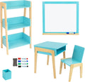Humble Crew Kids Playroom Set, Desk and Chair with 3-Shelf Bookcase, Dry-Erase Whiteboard, & Markers, All-in-One Toddler Activity Table Set for Learning, Art & Organization
