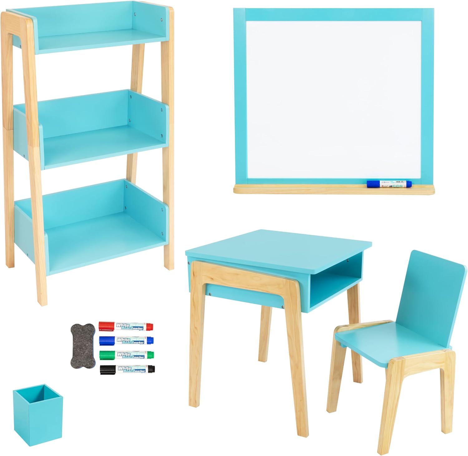 Humble Crew Kids Playroom Set, Desk and Chair with 3-Shelf Bookcase, Dry-Erase Whiteboard, & Markers, All-in-One Toddler Activity Table Set for Learning, Art & Organization