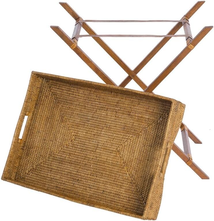 KOUBOO La Jolla Rattan Butler Tray with Folding Wood Stand, Ottoman, Coffee Table Trays, Serving Food Eating Drink Breakfast Bed Room, Home Decor, Honey Brown
