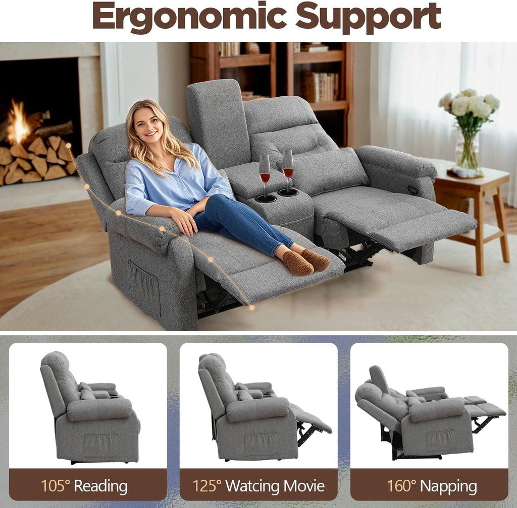 RV Loveseat Recliner with Console, Reclining Loveseat Sofa, Manual Home Theater Seating with Pockets/Cup Holders for Living Room/RV Furniture (Linen Ash)