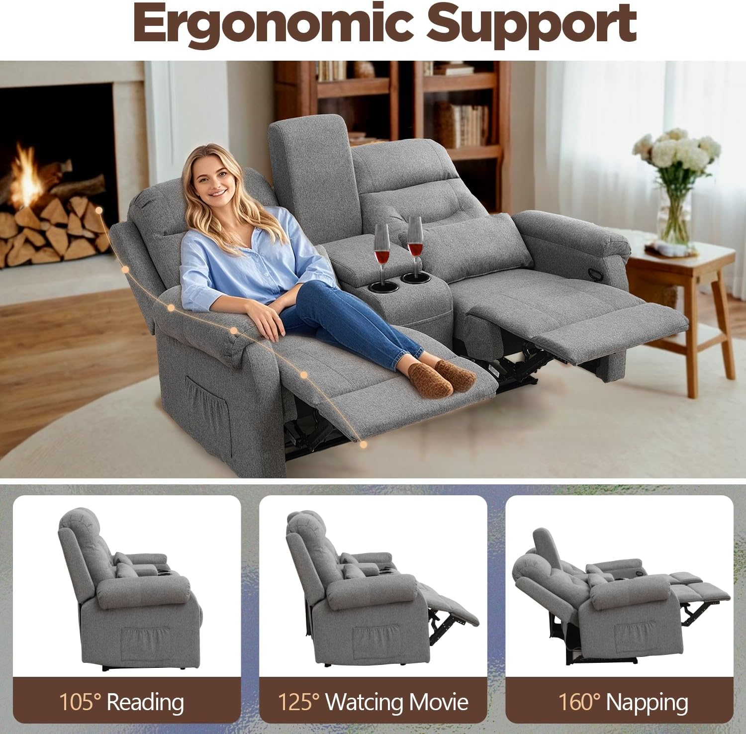 RV Loveseat Recliner with Console, Reclining Loveseat Sofa, Manual Home Theater Seating with Pockets/Cup Holders for Living Room/RV Furniture (Linen Ash)