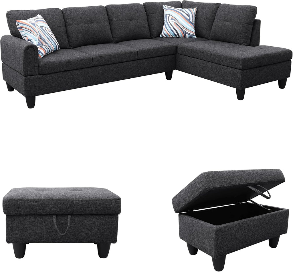 97.5' L Shaped Couch Set, Modular Sectional Couches for Living Room with Storage Ottoman, 4 Seat Home Sofa Living Room Furniture Sets with Chaise for Apartment Office (Linen, Black Grey)
