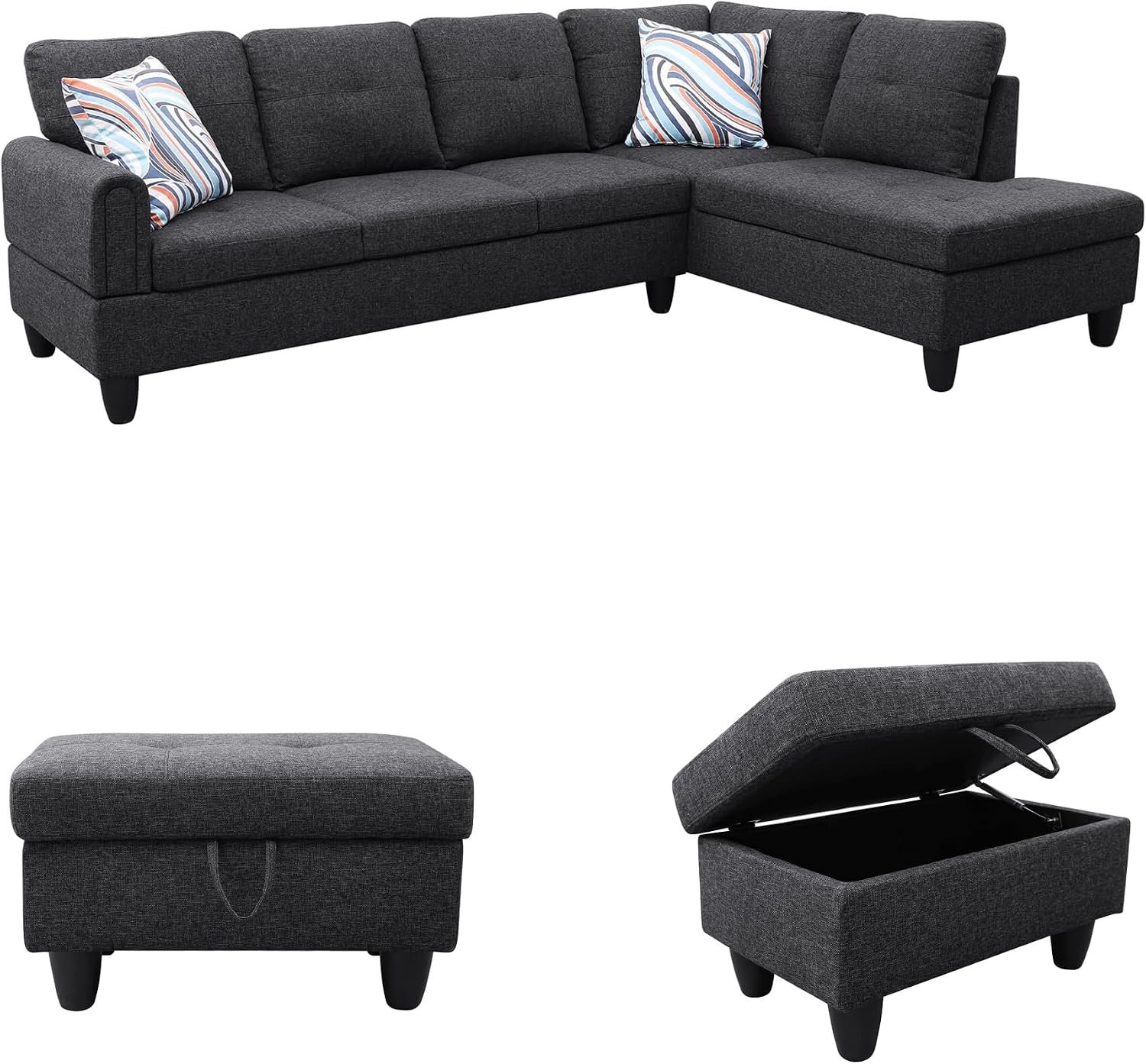 97.5' L Shaped Couch Set, Modular Sectional Couches for Living Room with Storage Ottoman, 4 Seat Home Sofa Living Room Furniture Sets with Chaise for Apartment Office (Linen, Black Grey)