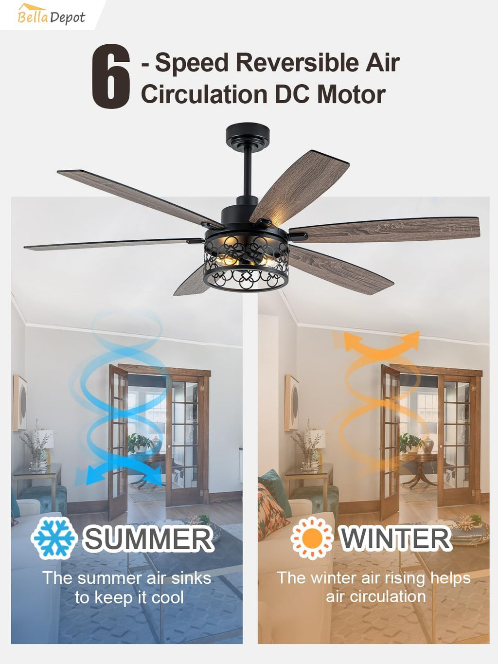 Bella Depot 60' Ceiling Fan with Light Farmhouse Caged Chandelier Fan with Remote Vintage Rustic Indoor Fandelier with Silent Motor for Dining Living Room Bedroom, (Bulbs not Included)