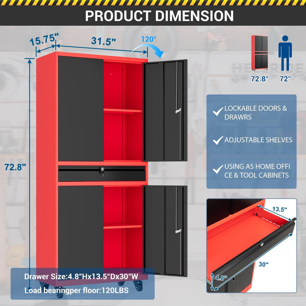 Fesbos 73' Metal Cabinet-Black & Red Heavy Duty Rolling Storage Cabinet Steel Tool Cabinets with Wheels, Shelves, Lockable Doors and Drawers- for Garage, Warehouse Home Office- Assembly Required