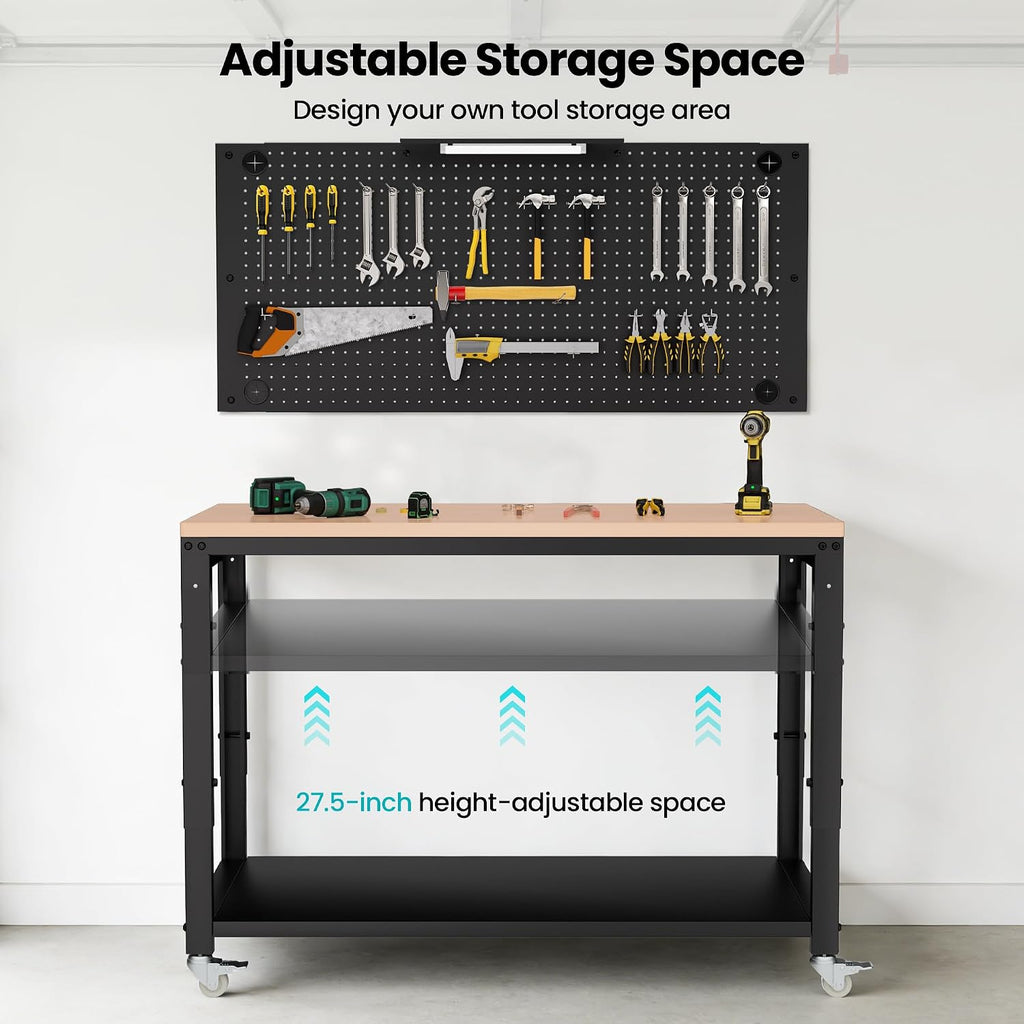Antifir 48' Adjustable Height Workbench for Garage Work Table with Under Table Shelf & Pegboard, Max Load 2000 LBS Heavy Duty Wood Work Bench with Power Outlet for Commercial, Workshop, Office, Home