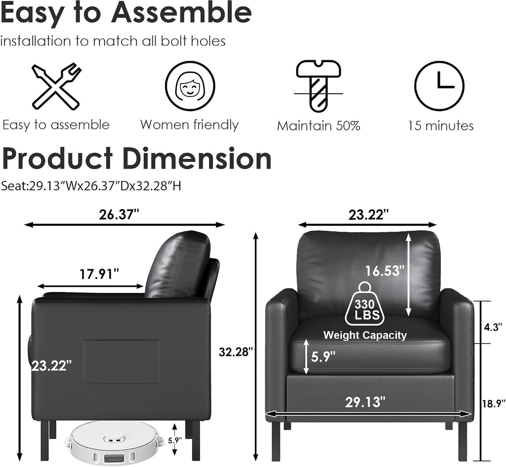 STHOUYN Black Faux Leather Accent Chair with Arms, Modern Small Accent Office Chair, Waiting Room Chairs for Living Room Bedroom with Metal Legs (1, Black)