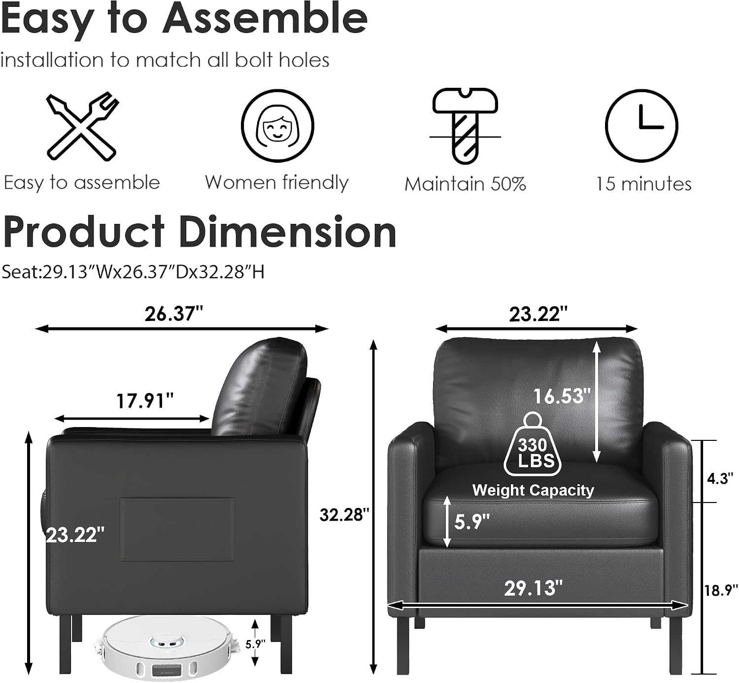 STHOUYN Black Faux Leather Accent Chair with Arms, Modern Small Accent Office Chair, Waiting Room Chairs for Living Room Bedroom with Metal Legs (1, Black)