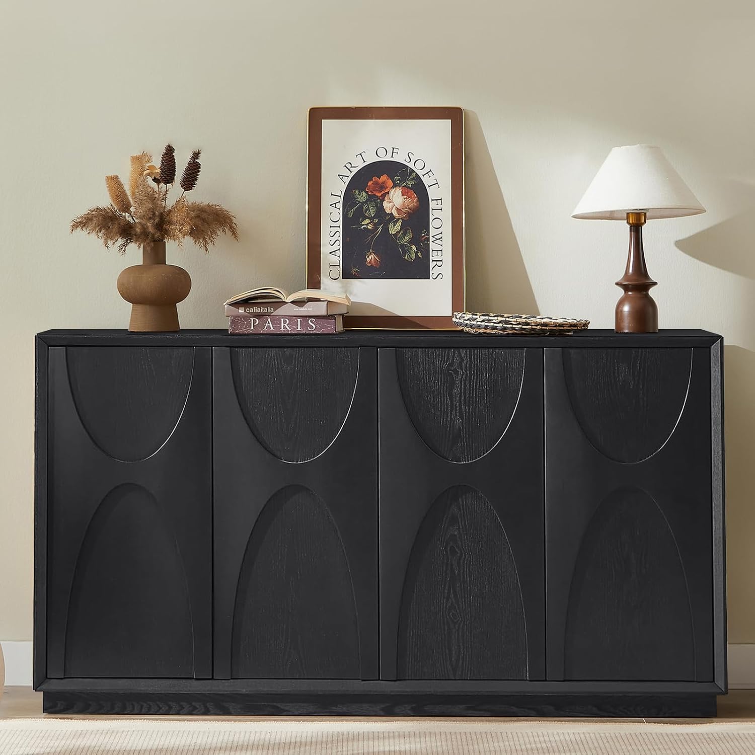 LKTART 59' Sideboard Buffet Cabinet Retro Accent Storage Cabinet with Magnetic Door Latches Adjustable Shelf for Living Room Kitchen(Black)