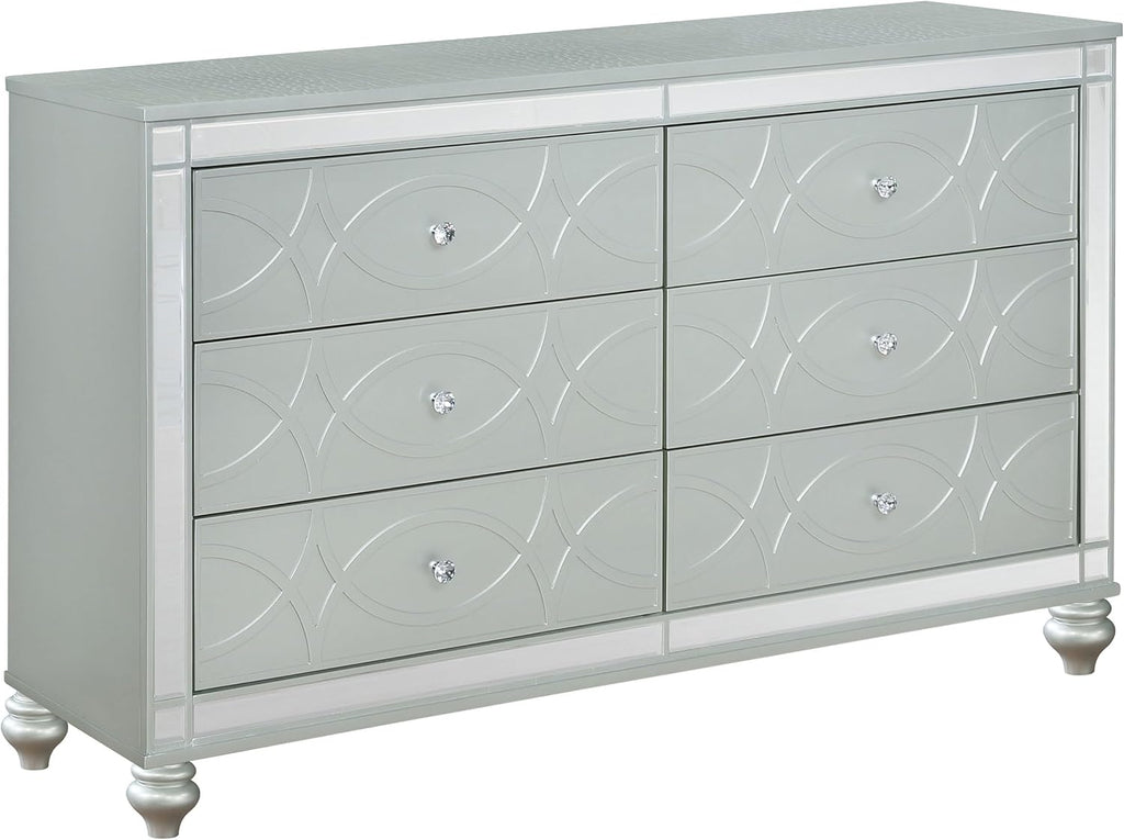Coaster Home Furnishings - Gunnison - 6-Drawer Dresser with Modern Classic Style, Crystal-Like Pulls, Felt-Lined Top, Fretwork Panel Overlays - Bedroom - Silver Metallic - 223213